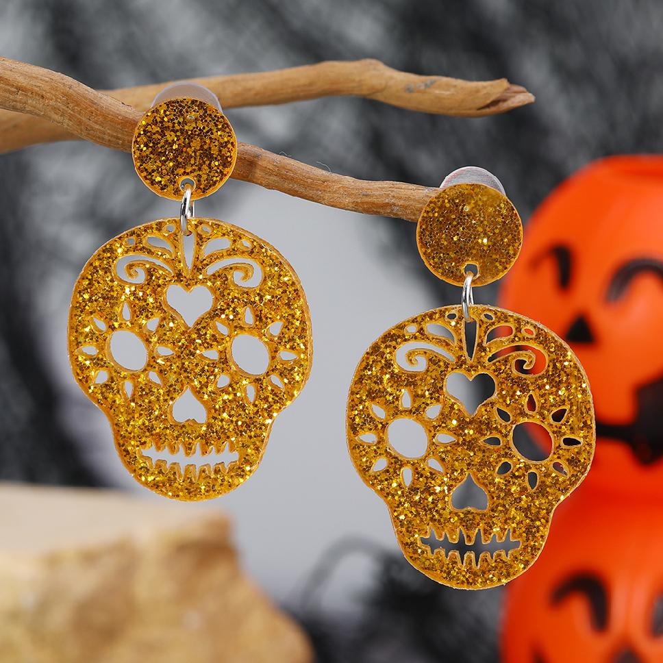 Boucles D'oreilles Pendantes Tête De Mort Acrylique - Style Mexicain Dia De Los Muertos - Pour Halloween & Cadeau